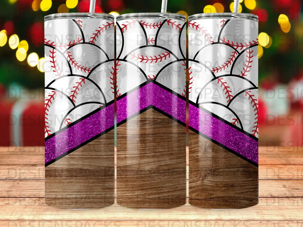 Tumbler with baseball stitching pattern and purple glitter accent.
