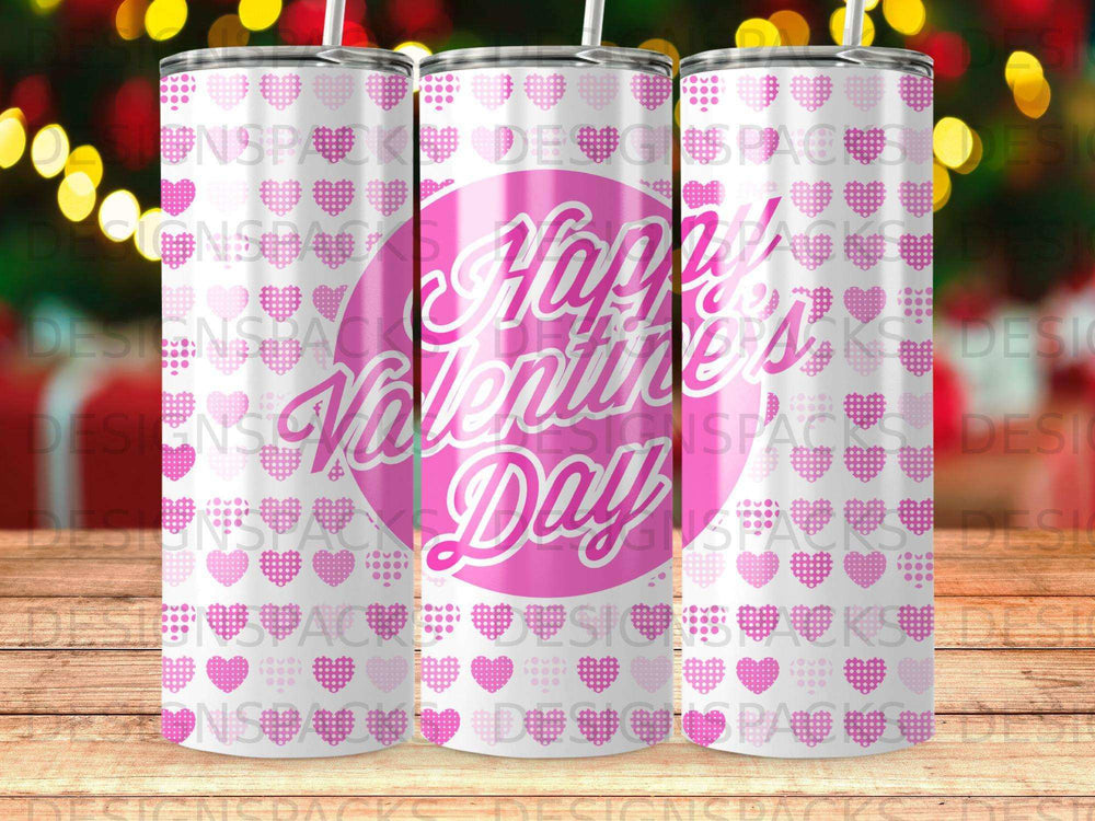 Pink Valentine's Day tumbler with "Happy Valentine's Day" text.