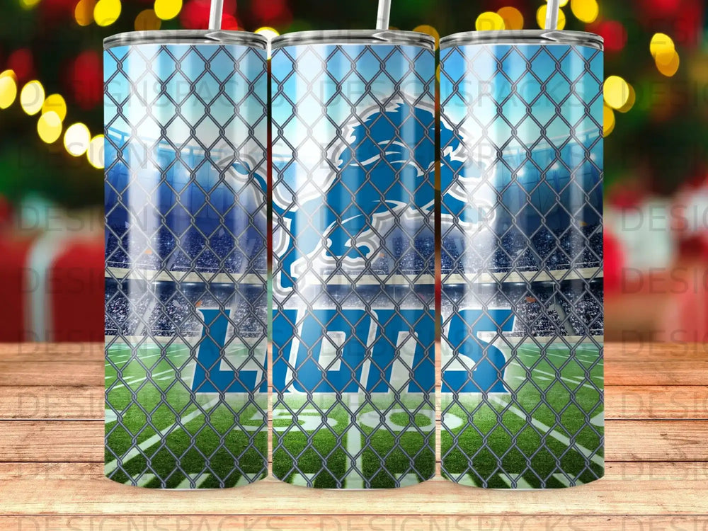 Detroit Lions logo and team name across stadium background, viewed through chain-link fence.