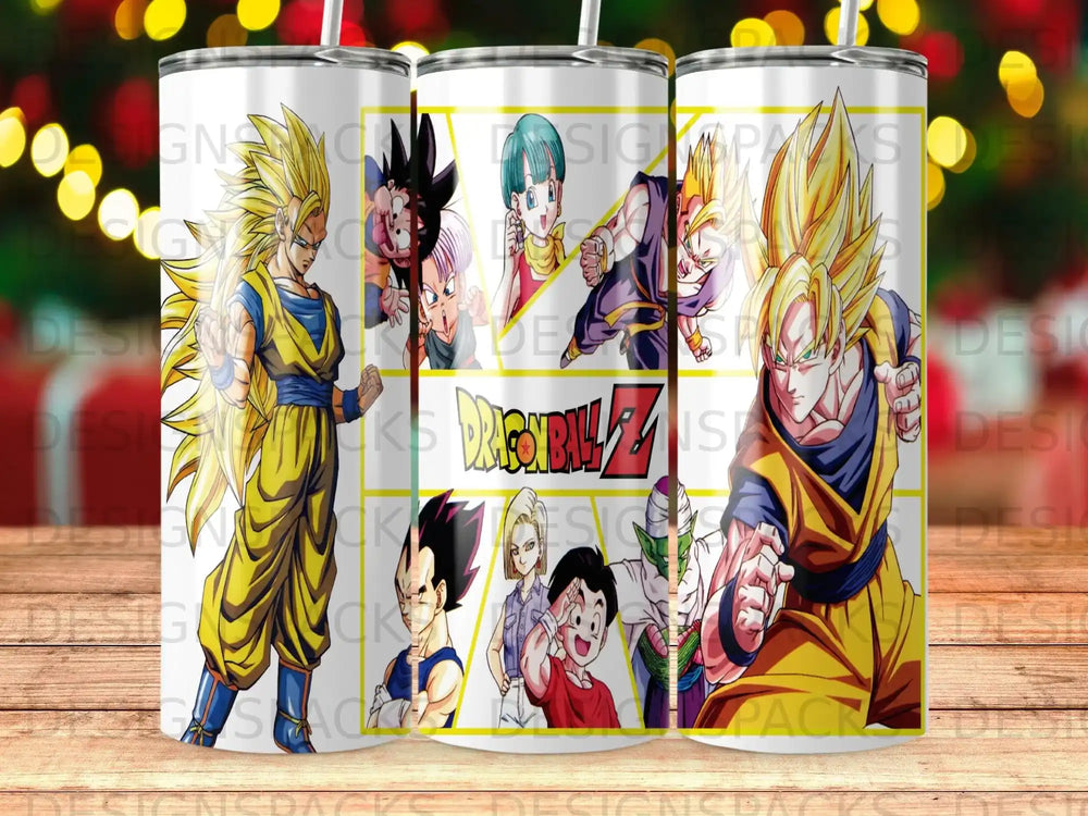 Dragon Ball Z characters Goku, Vegeta, and Trunks on a white tumbler.