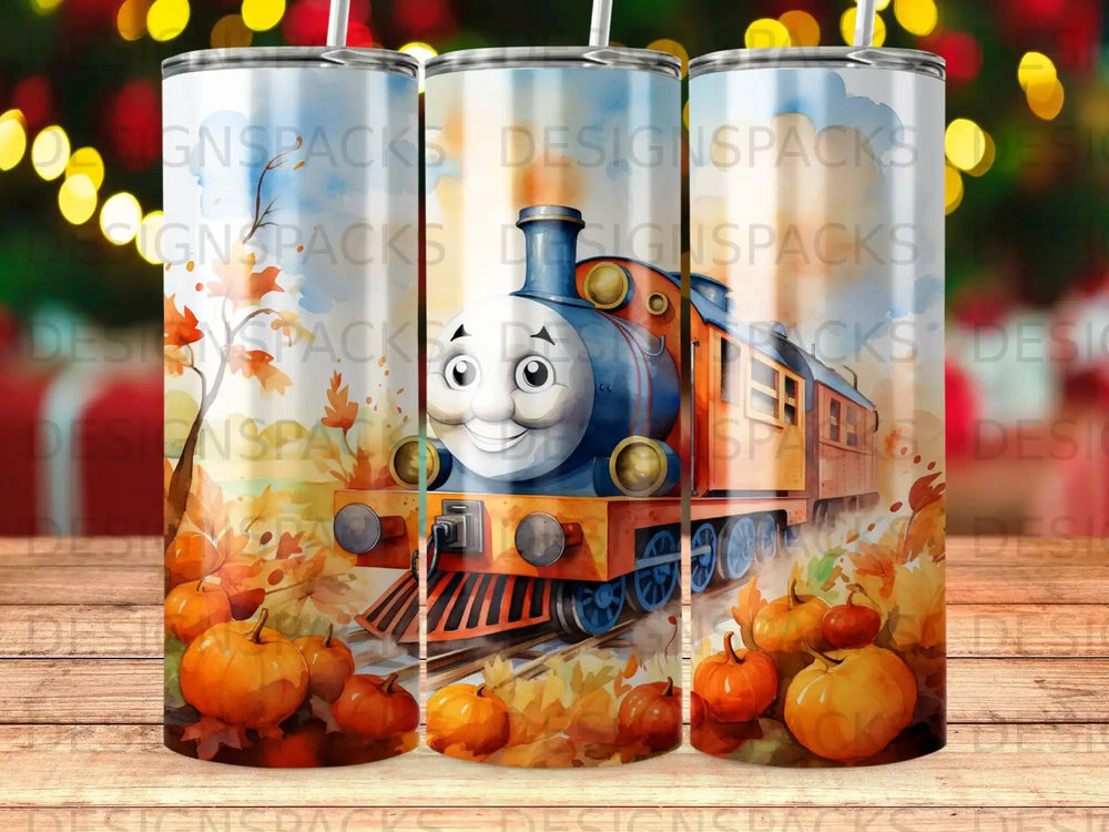 Thomas the Tank Engine with pumpkins and autumn leaves on a train track.