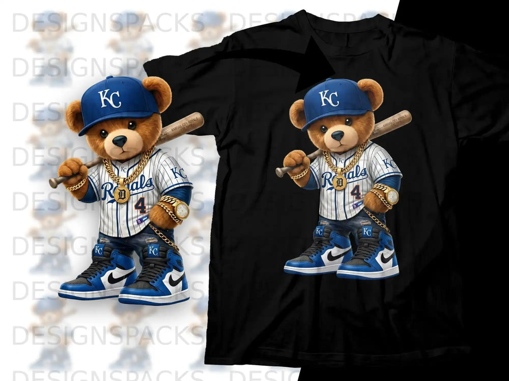 Bear wearing Kansas City Royals jersey, baseball bat, and jewelry.
