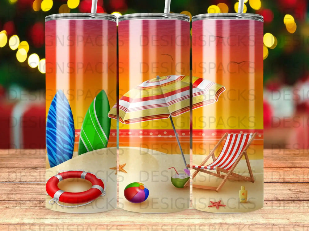 Beach scene with surfboards, umbrella, lounge chair, and life preserver.
