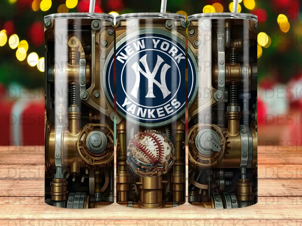 New York Yankees logo on a steampunk-themed tumbler with baseball.