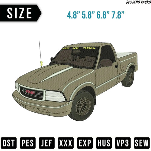 Tan GMC truck embroidery design with size and format options.