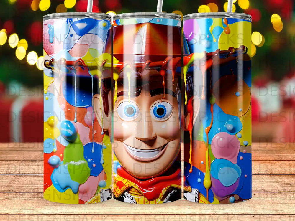 Woody from Toy Story splattered with colorful paint.