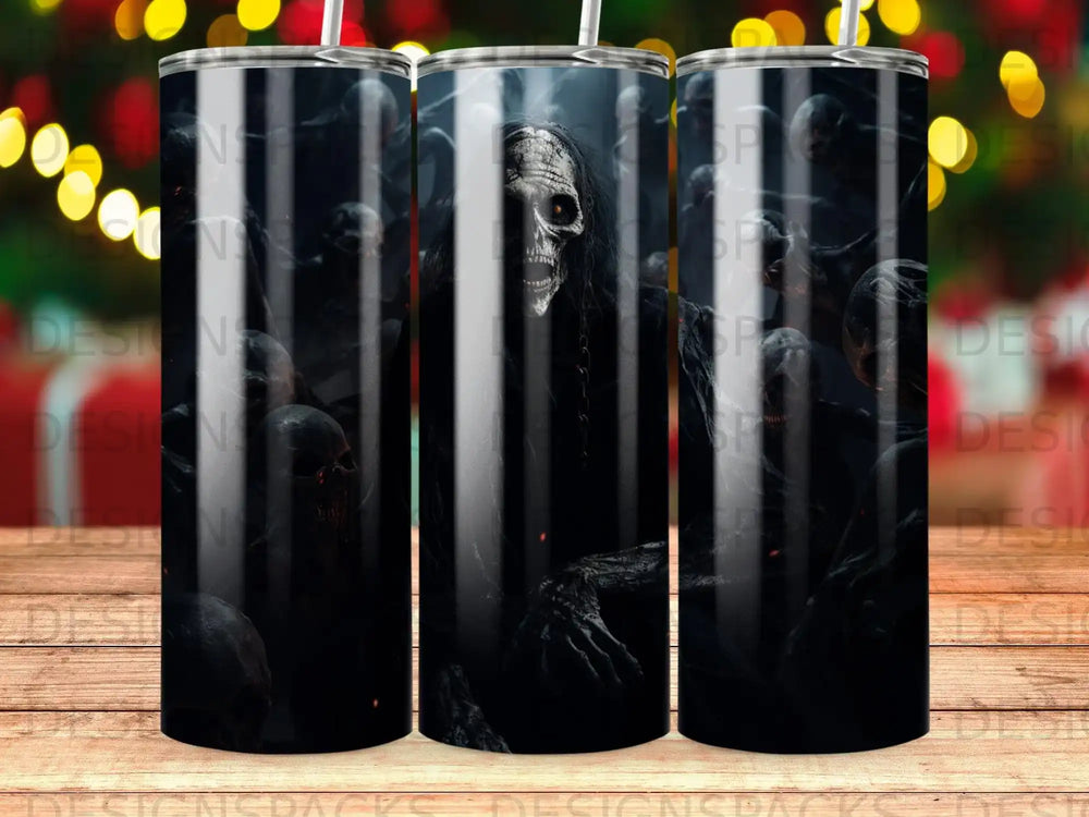 Creepy skull figures in a dark, unsettling scene.
