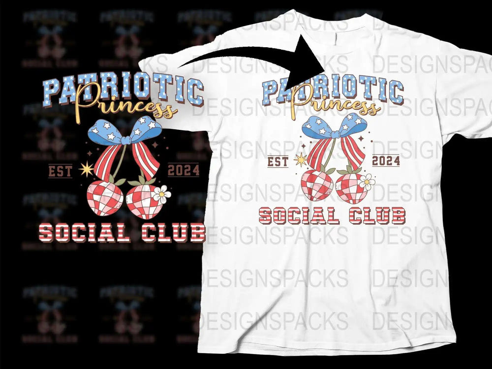 Patriotic Princess Social Club T-Shirt, Red and Blue, Star Pattern, Est 2024, Casual Wear