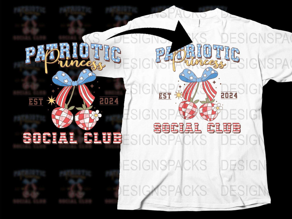 Patriotic Princess Social Club T-Shirt, Red and Blue, Star Pattern, Est 2024, Casual Wear