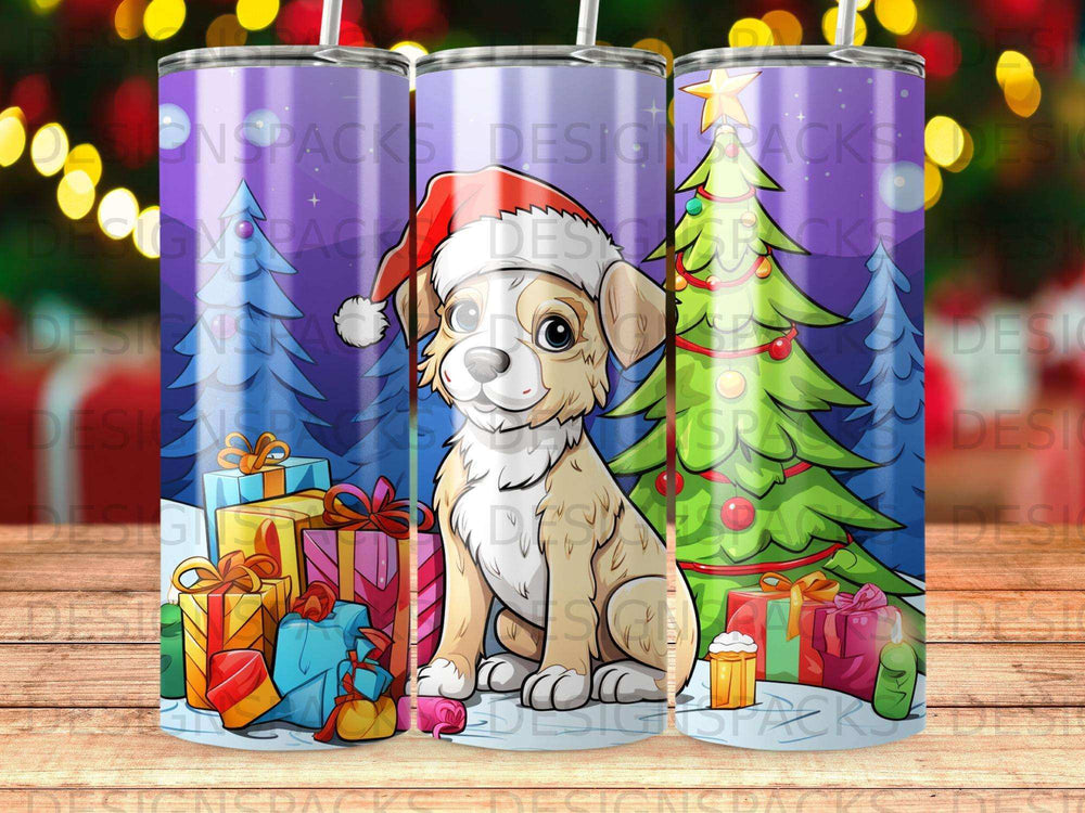 Cartoon puppy in Santa hat with Christmas presents and tree.