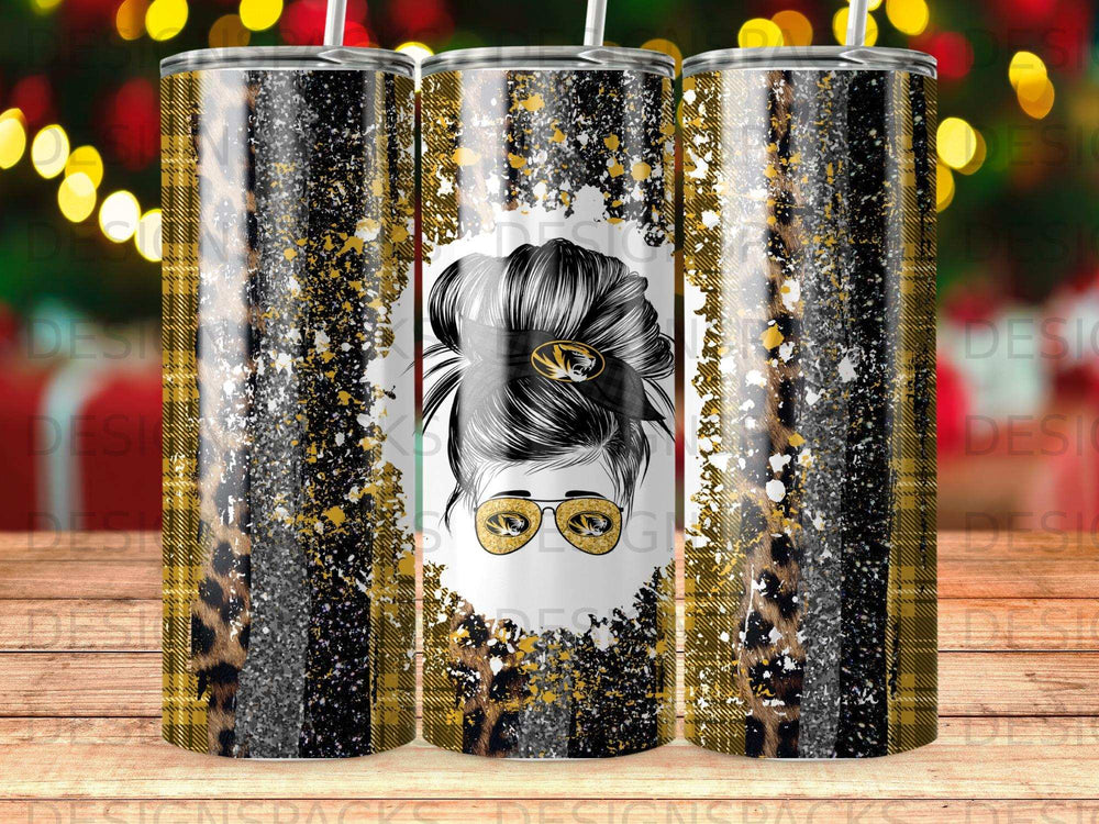 Tumbler with leopard print, black and gold plaid, and distressed gold glitter accents.
