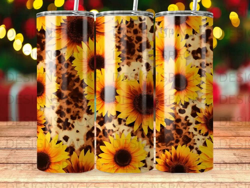 Sunflower and leopard print tumbler with straw.
