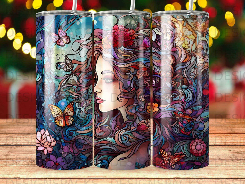 Woman's profile with flowing colorful hair adorned with flowers and butterflies.