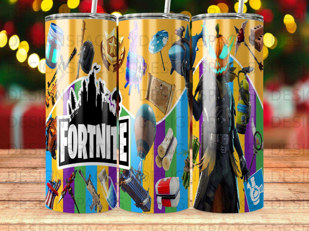 Fortnite themed tumbler with game characters, weapons, and map elements.