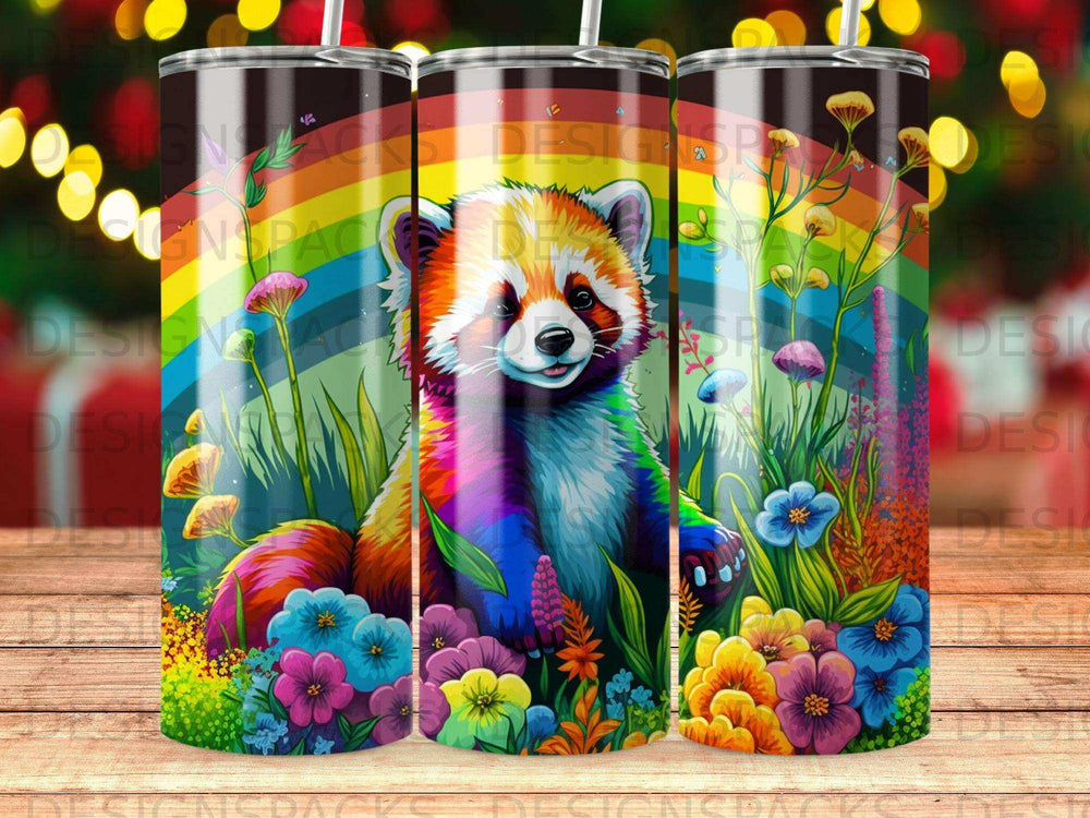 Red panda surrounded by colorful flowers and rainbow arc.