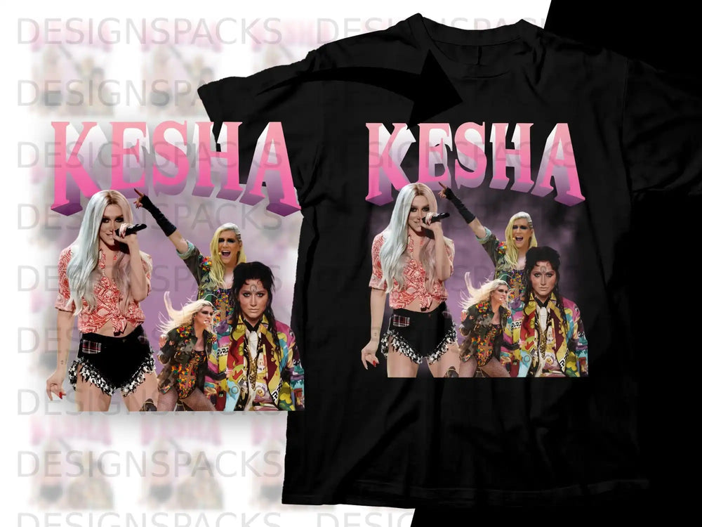 Kesha on stage in colorful outfit with text overlay.