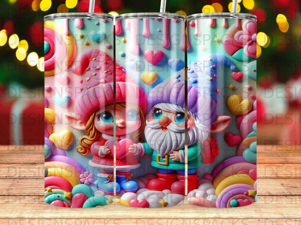 Cute gnome couple holding hearts with rainbow and cloud background.