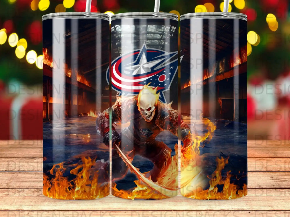 Fiery ghost with sword and Columbus Blue Jackets logo on a tumbler.
