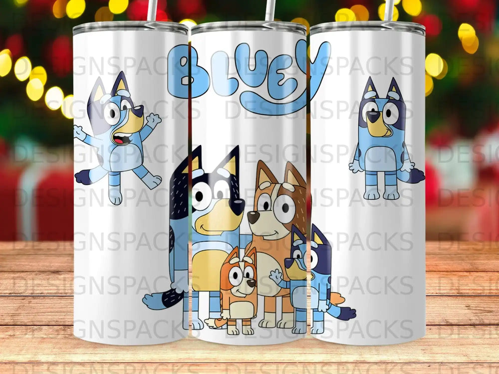 Bluey and Bingo characters on a tumbler with repeating "DESIGNSPACKS" pattern.