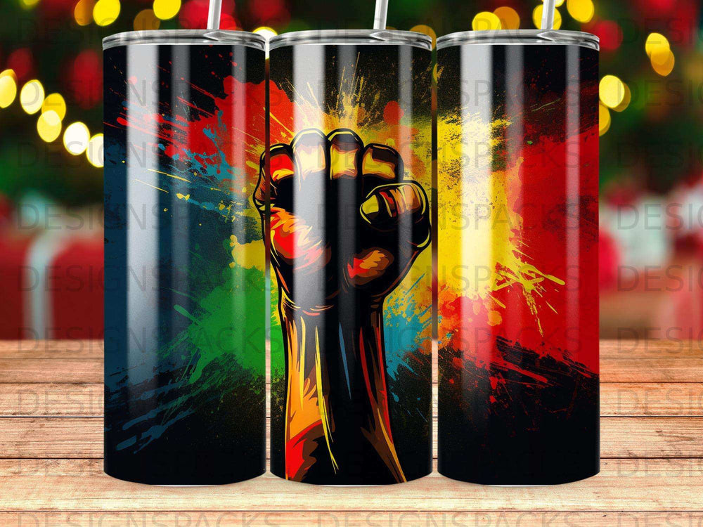 Black fist raised against a colorful abstract background with red, yellow, and green streaks.