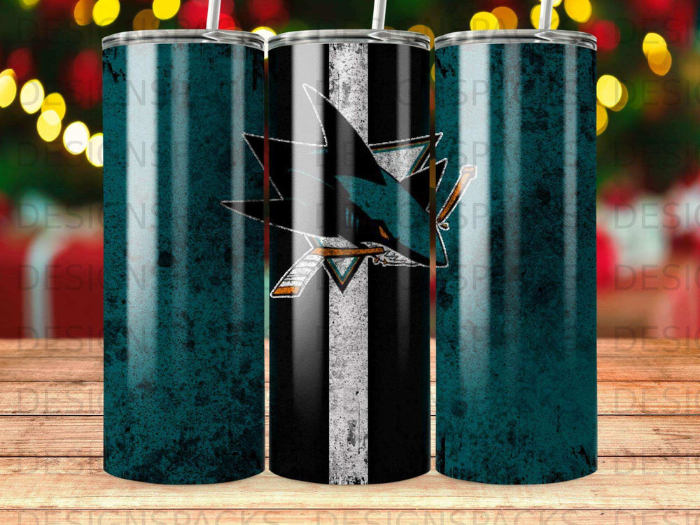San Jose Sharks logo on a distressed teal and black tumbler.