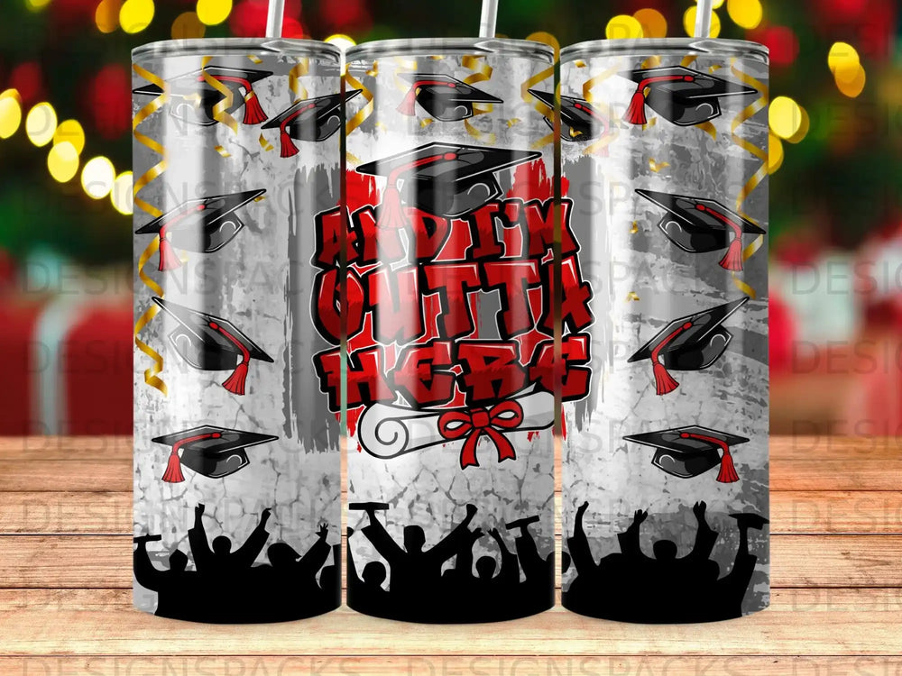 Graduation tumbler with mortarboards and cheering crowd graphic.