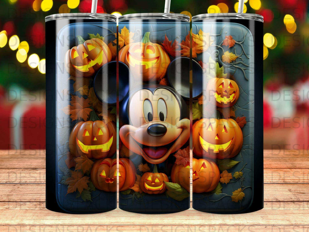 Mickey Mouse surrounded by jack-o'-lanterns and autumn leaves.