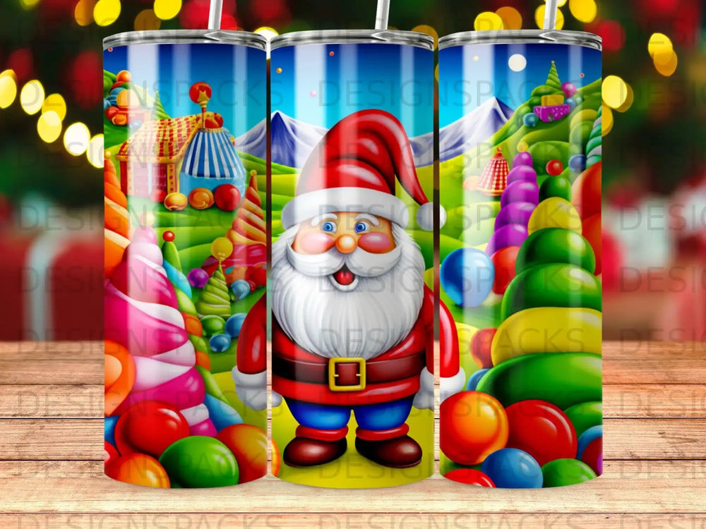 Santa Claus in a candy land landscape.