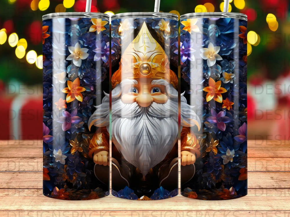 Gnome with golden hat and beard amidst floral background.