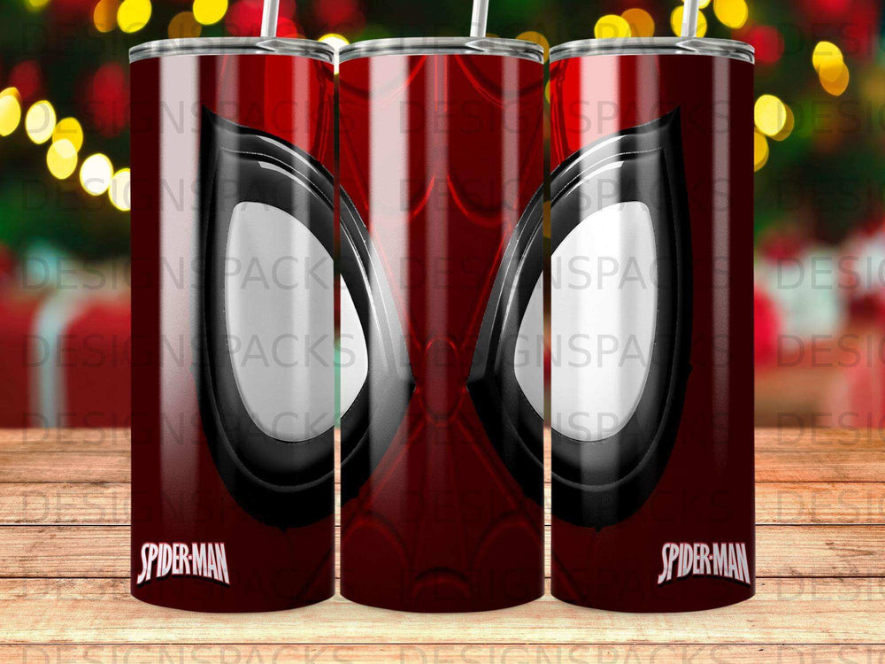 Spiderman mask graphic on three stacked stainless steel tumblers.