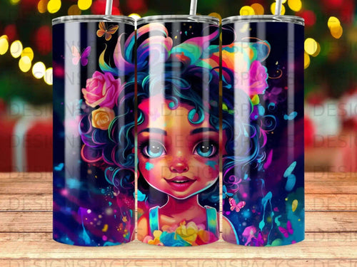Colorful tumbler with a cartoon girl, flowers, and butterflies.