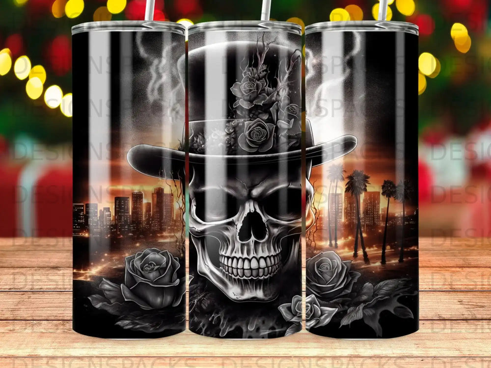 Gothic skull with top hat and roses superimposed on a city skyline.