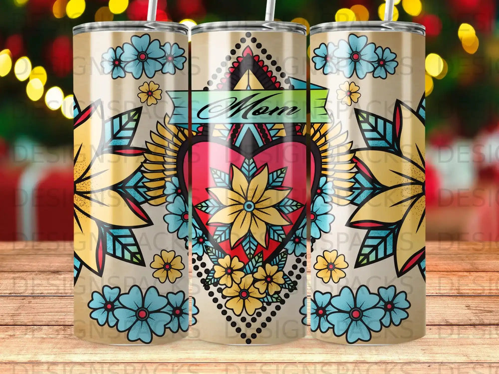 Mom heart tattoo design with flowers on a colorful tumbler.