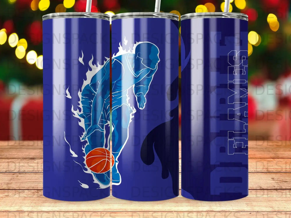 Blue basketball player silhouette on a tumbler with white text.