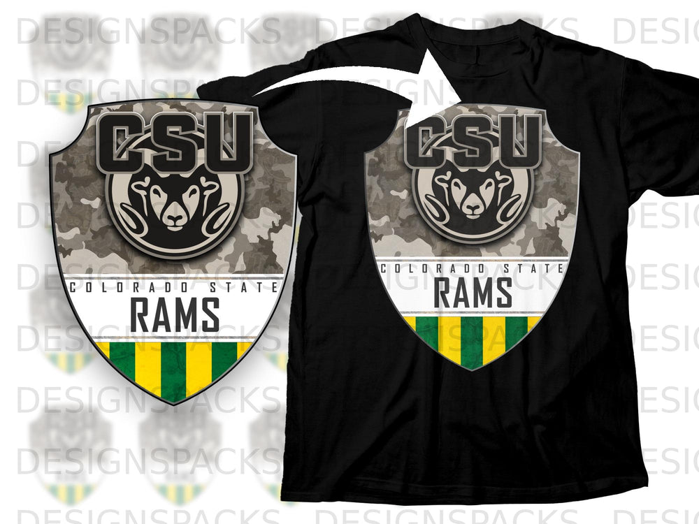 Colorado State Rams logo shield on black t-shirt with camouflage pattern.