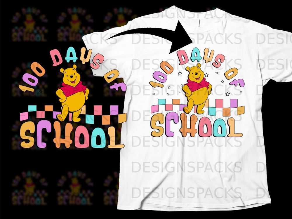 Winnie the Pooh with "100 Days of School" text and colorful blocks.