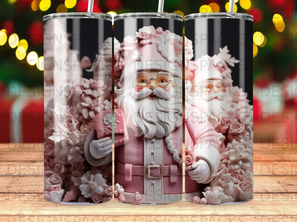 Pink Santa Claus holding a gift box surrounded by pink roses and flowers.