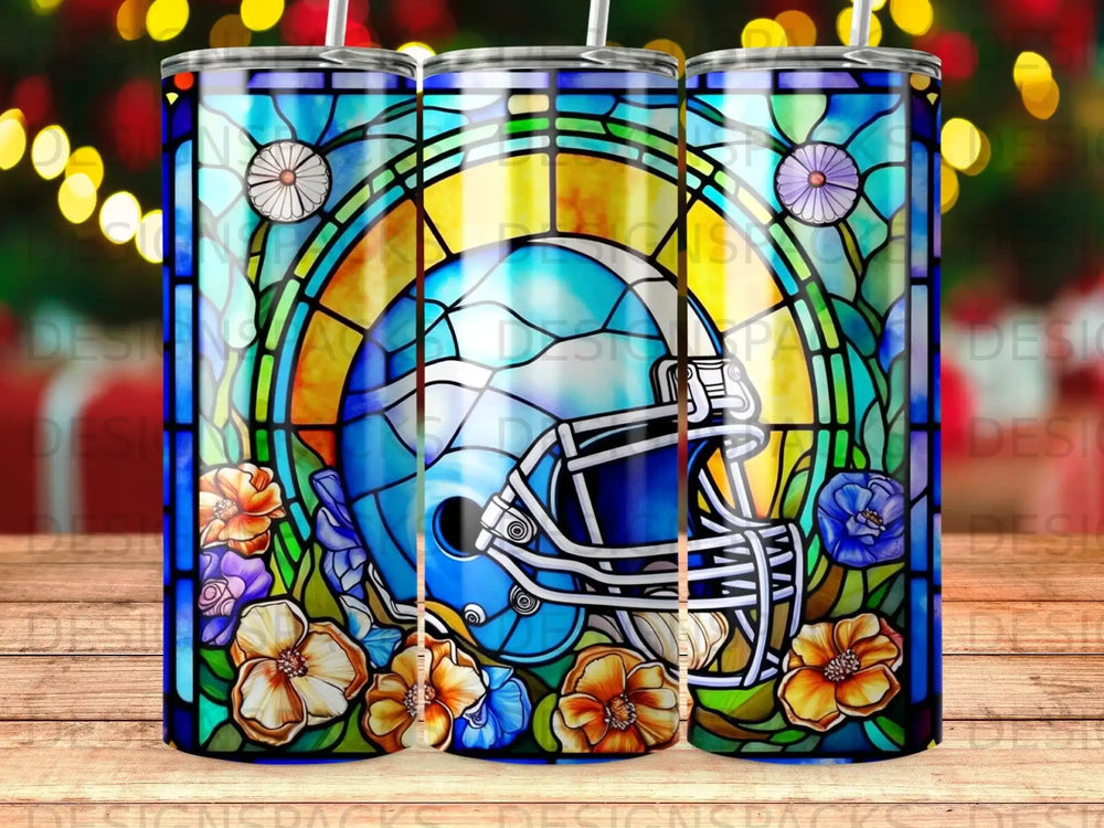 Blue football helmet within stained glass window with floral accents.