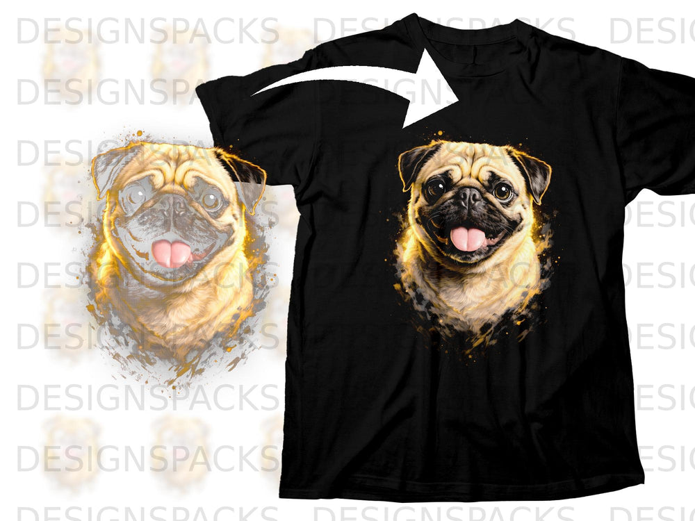 Black t-shirt with a close-up, vibrant watercolor-style pug graphic.