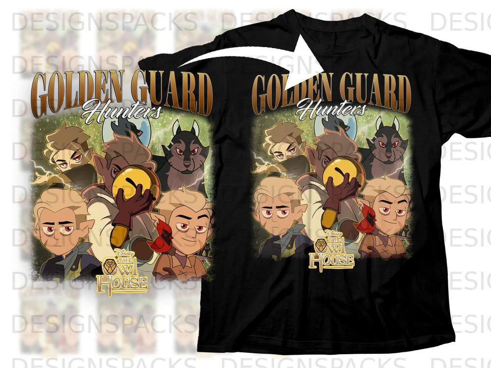 Golden Guard Hunters with Disney's The Owl House logo on a black t-shirt.