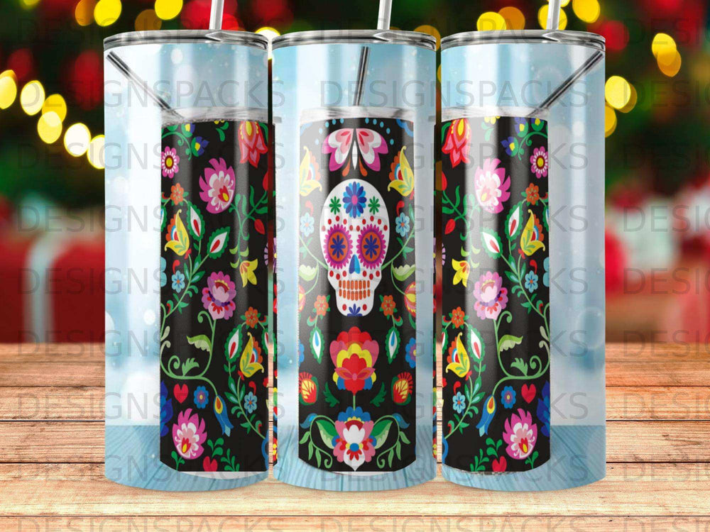 Black tumbler with colorful floral skull design.