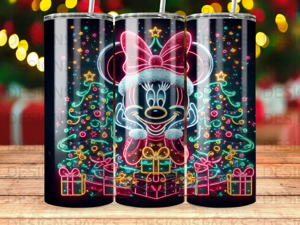Minnie Mouse in a neon bow and festive attire surrounded by Christmas trees and gifts.