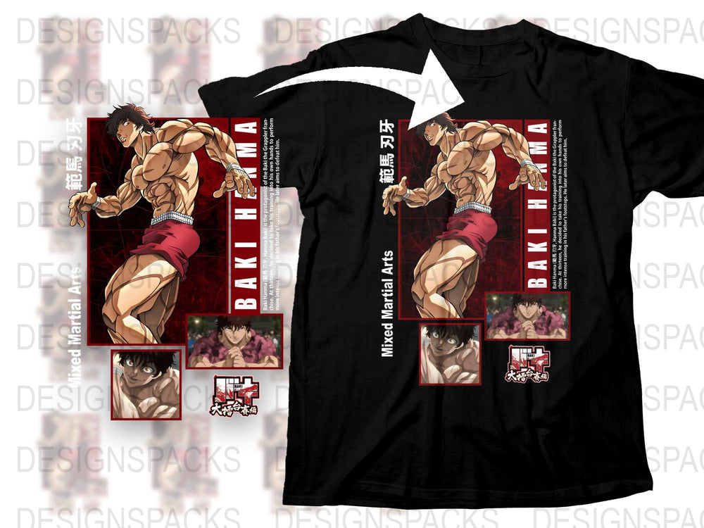 Baki Hanma Anime T-Shirt, Martial Arts Fighter Graphic Tee, Men's Black Cotton Shirt, Gift for Anime Fans