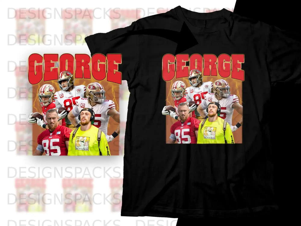 Black t-shirt with "GEORGE" logo and 49ers players, one holding a football.