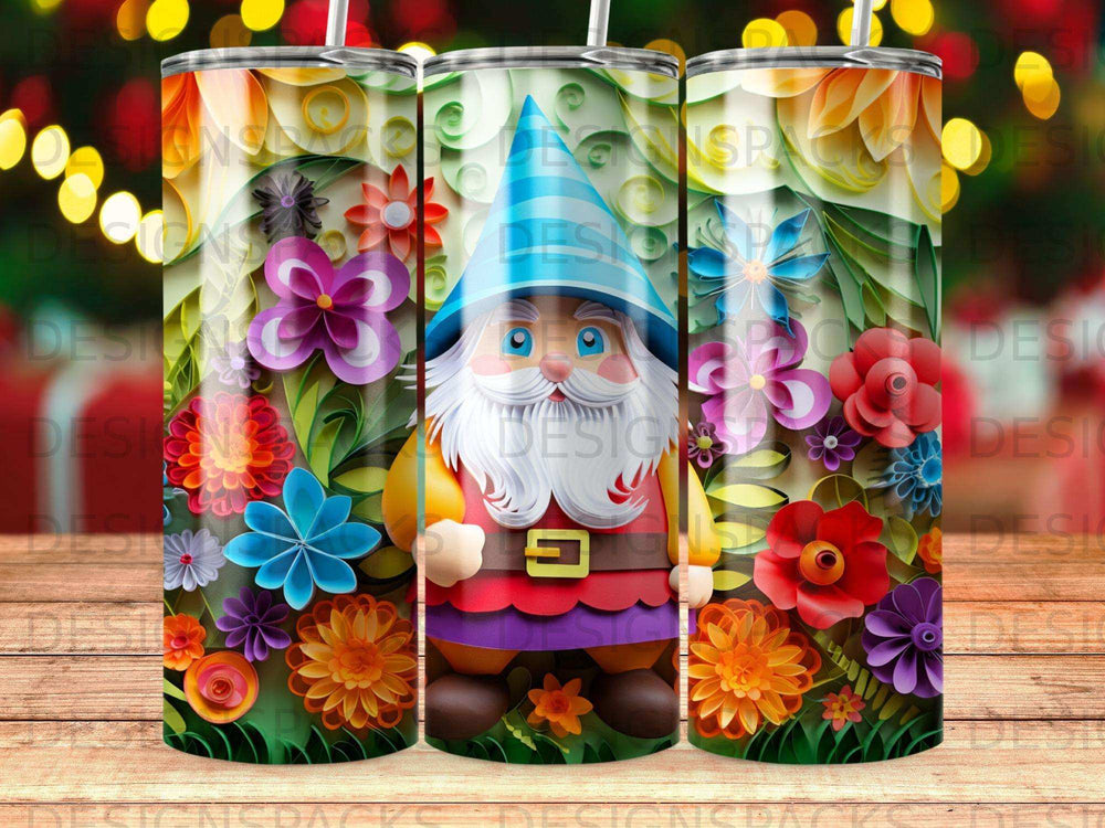Gnome wearing a blue hat with colorful flowers on a tumbler.