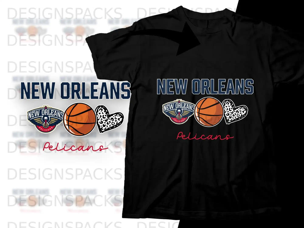 Black t-shirt with "New Orleans Pelicans" text and basketball graphic.