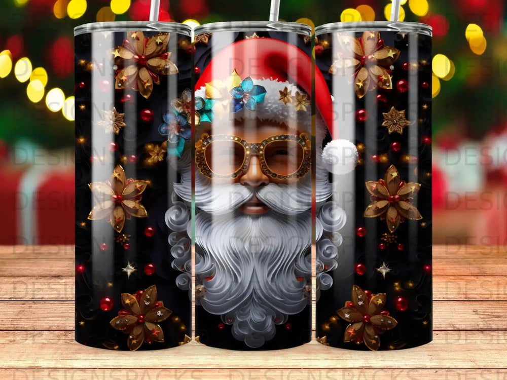 Santa Claus with sunglasses and festive floral embellishments on a black background.