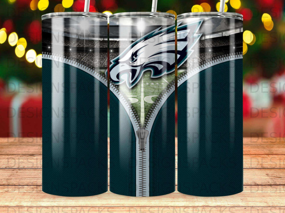 Philadelphia Eagles logo and stadium design on a zippered tumbler.