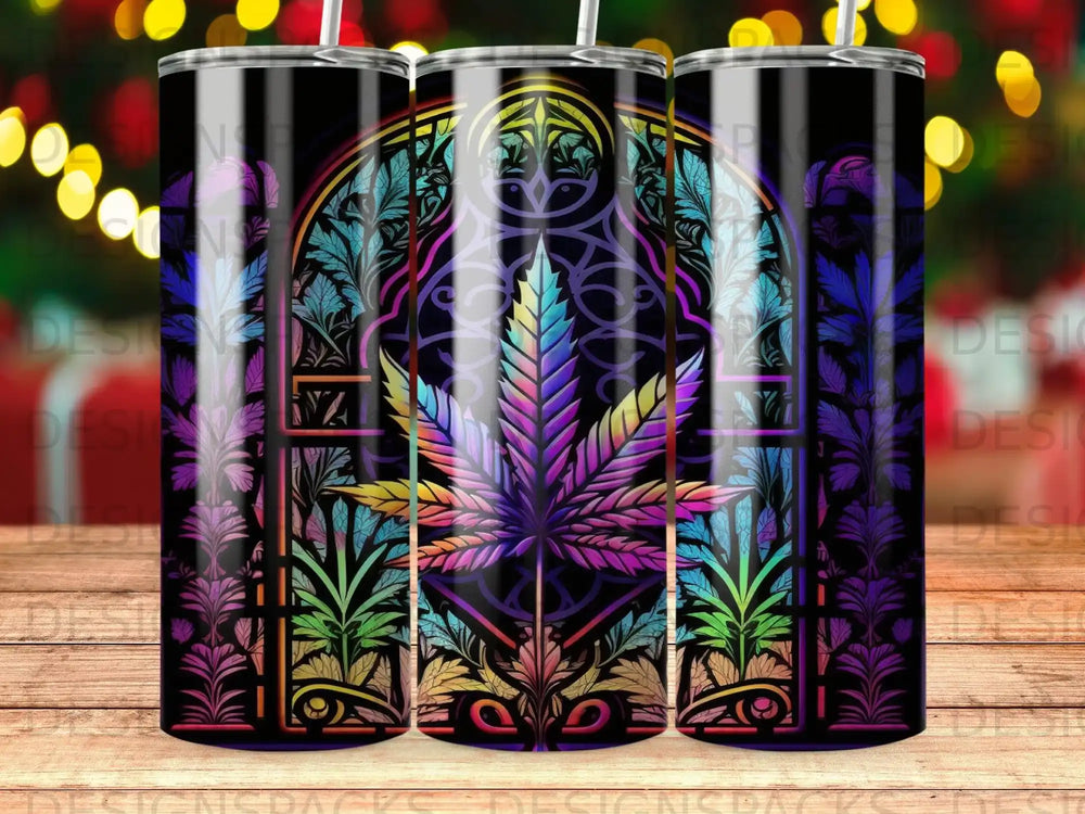 Colorful cannabis leaf design on a black background with stained glass accents.