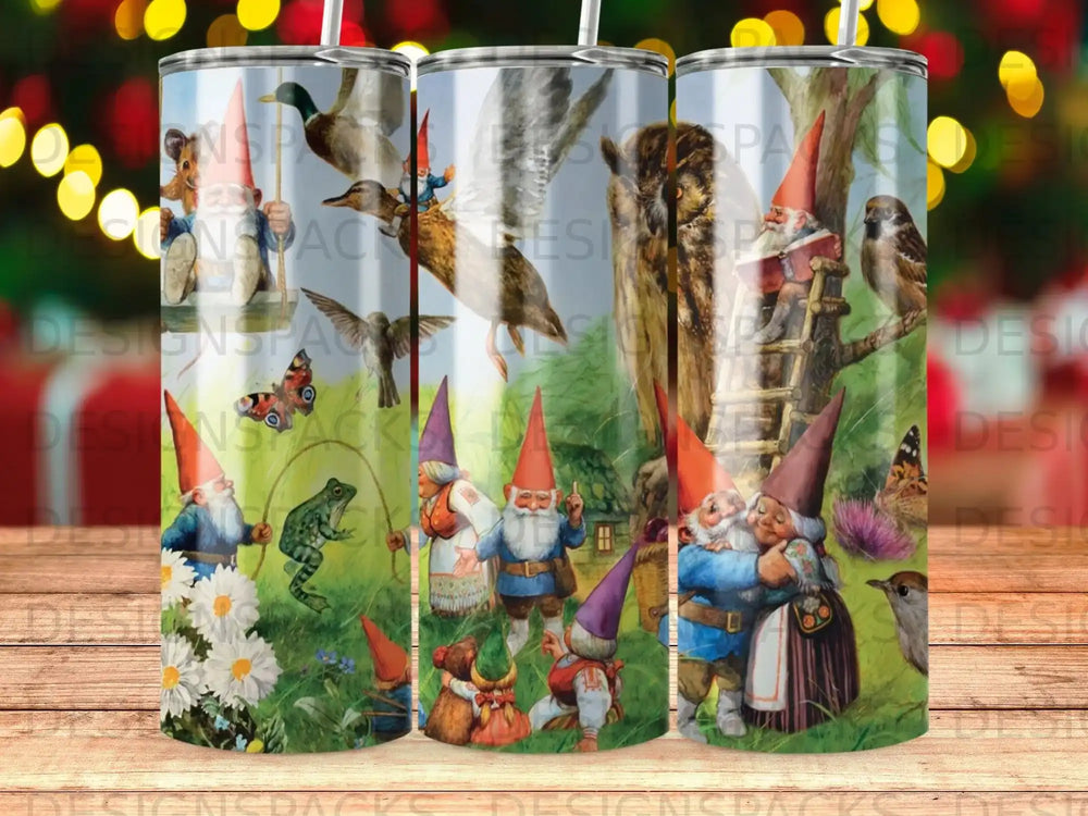 Gnomes and woodland animals in a forest scene with daisies and butterflies.